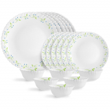 Cello Opalware Dazzle Series Tropical Lagoon Dinner Set, 18Pcs | Opal Glass Dinner Set for 6 | Light-Weight, Daily Use Crockery Set for Dining | White Plate and Bowl Set