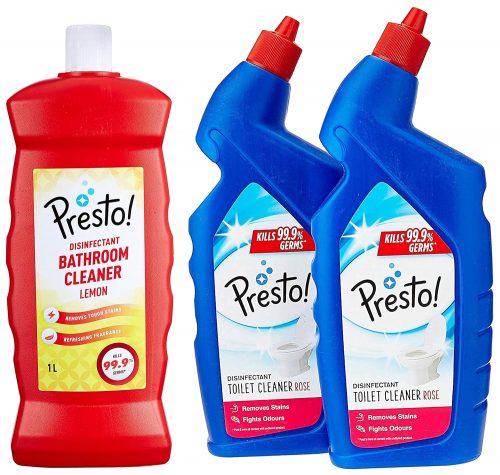 Amazon Brand – Presto! Disinfectant Toilet Cleaner, Rose – 1 L (Pack of 2) & Amazon Brand – Presto! Disinfectant Bathroom Cleaner – 1 L (Lemon)