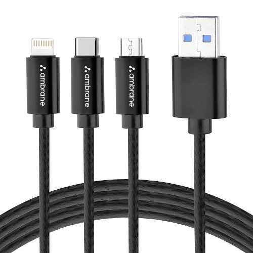 Ambrane Unbreakable 3 in 1 USB Fast Charging USB Cable with Type C, Lightning, Micro USB Port with 2.1 A, Compatible with iPhone, iPad, Samsung, OnePlus, Mi, Oppo, Vivo, Xiaomi, 1.25M (Trio-11, Black)