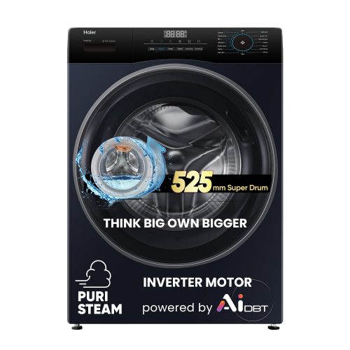 Haier 7 Kg 5 Star Powered by AI-DBT with PuriSteam, 525mm Super Drum Fully Automatic Front Load Washing Machine (HW70-IM12929BK, Inverter with In-Built Heater, Black)