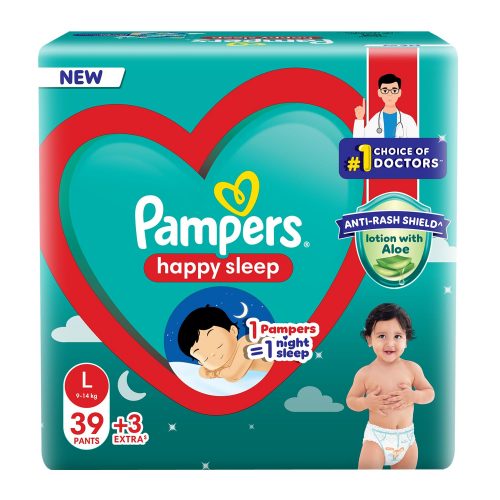 Pampers Happy Sleep Pant Style Baby Diapers, Large (L), 42 Count, 1 Pampers = 1 Night Sleep, with Anti Rash Shield, 9-14 Kg Diapers